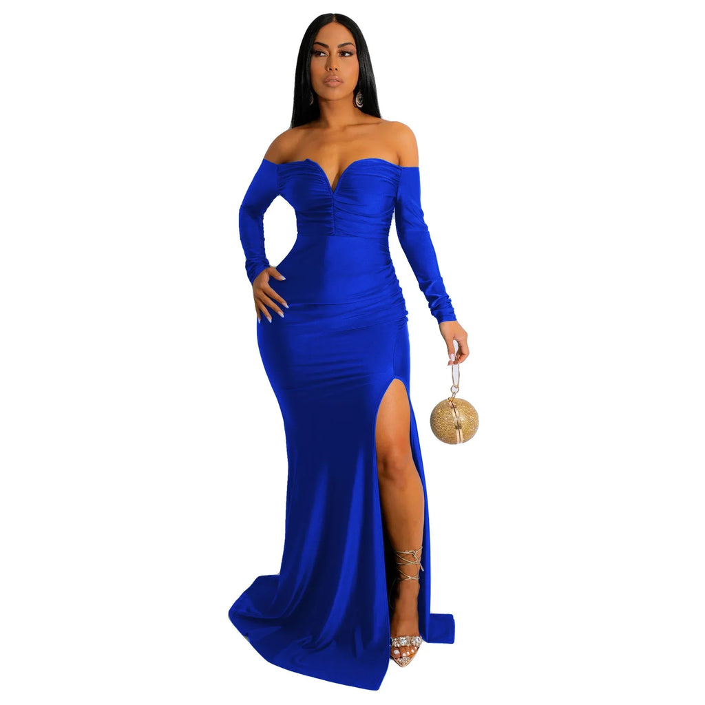 LUX V Neck Off Shoulder Bodycon Evening Gown