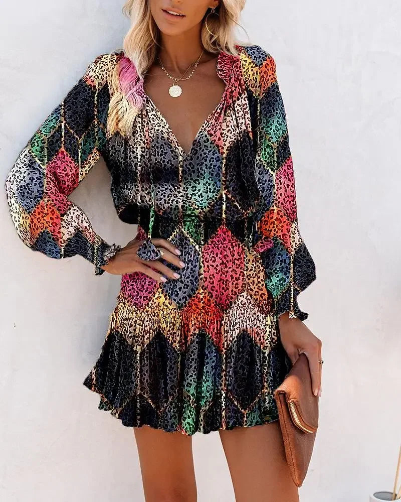 Women's Dresses 2023 Spring Fashion Floral Print Long Sleeve V Neck Casual Lantern Sleeve Ruffle Mini Waist Dress