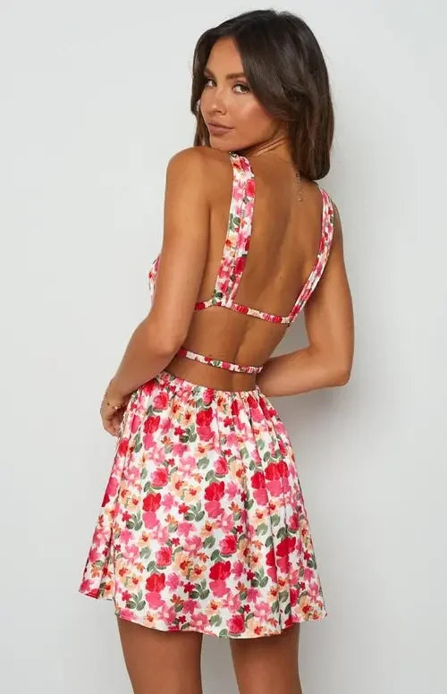 New Backless Sexy Women Mini Dress Sleeveless V Neck Backless Flower Print Summer Club Party Dress Sundress Streetwear S M L