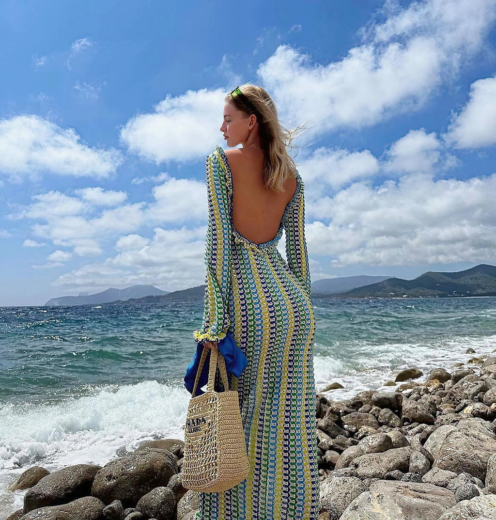 Sexy Backless Flare Sleeve Lace Knit Cut Out Party Beach Maxi Dress 2025 Summer Women Vacation Beachwear Swimsuit Cover Up A2815 Luxlife Brands