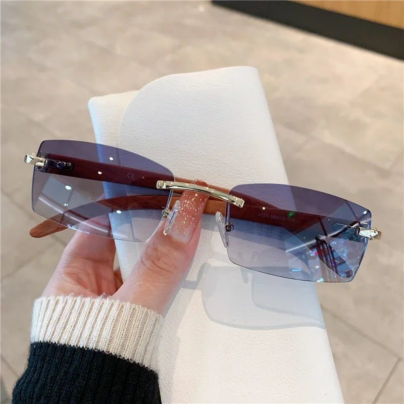 KAMMPT Rimless Sunglasses For Men Women Wooden Pattern Luxury Brand Retro Sun Glasses Fashion Shades UV400 Travel Outdoor Luxlife Brands
