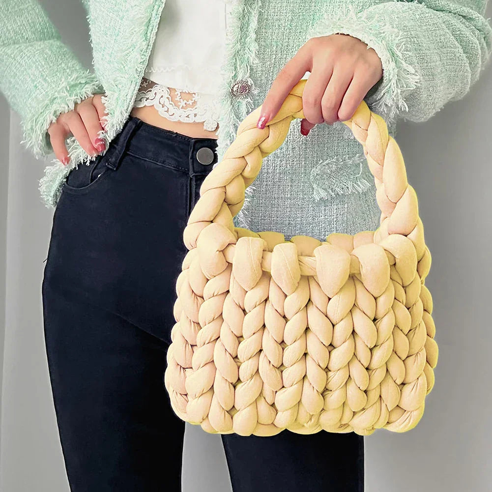 Beach Crochet Handbag Summer Straw Rope Knitting Top-Handle Bag for Women's Icelandic Wool Handmade Clutch Bag Lightweight Totes