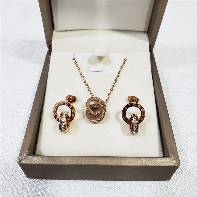 316L Stainless Steel Micro Red White Inlaid Zircon  Roman Digital Lifting Earrings Necklace Wedding Bridal Jewelry Set Luxlife Brands