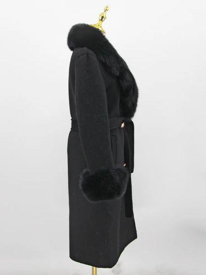 2023 New Arriva High Quality Cashmere Women Jacket With Bigger Real Fox Fur Collar And Cuffs