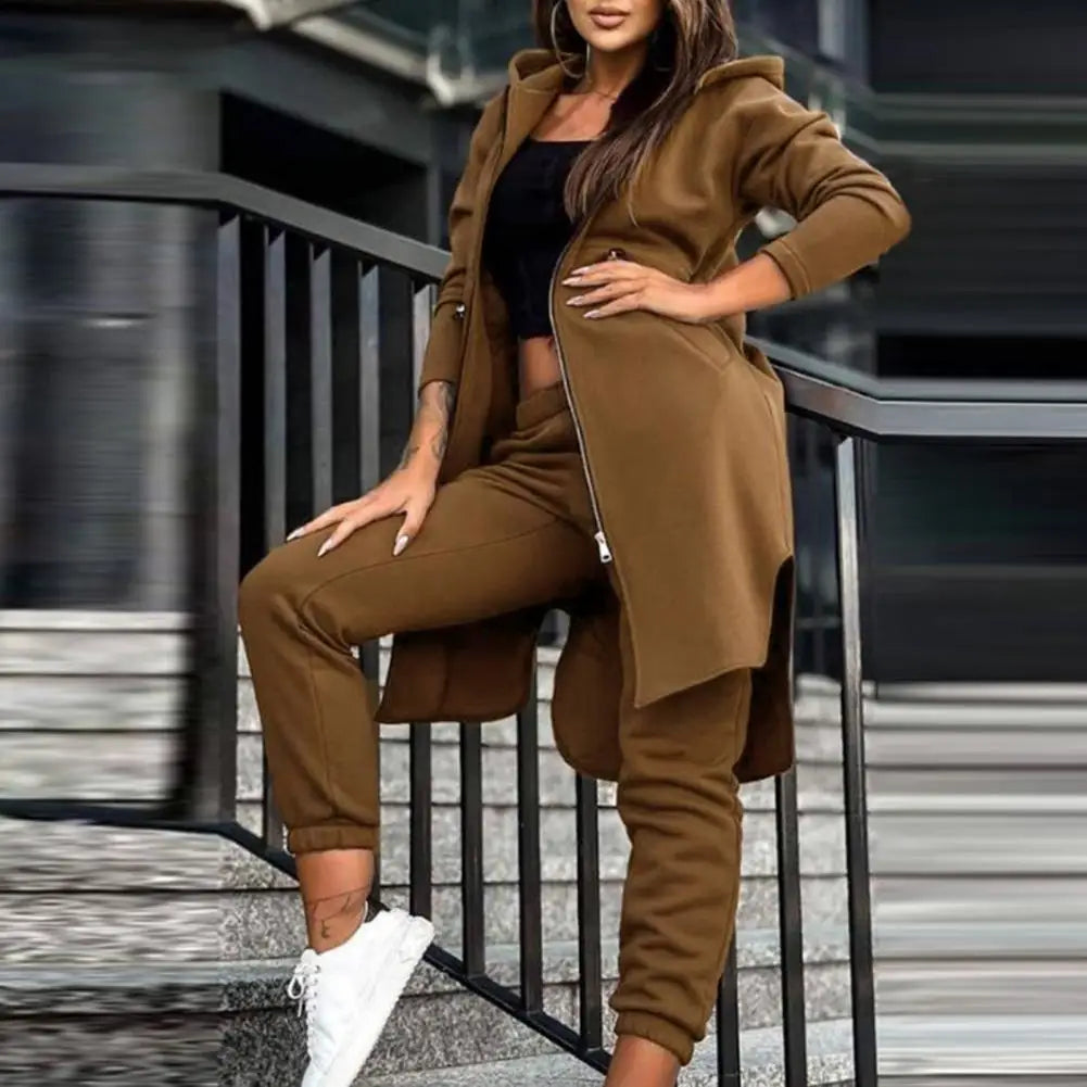 Breathable Women Suit Women's Hooded Coat Pants Set with Irregular Split Hem Long Sleeve Fleece Tracksuit Elastic Waist