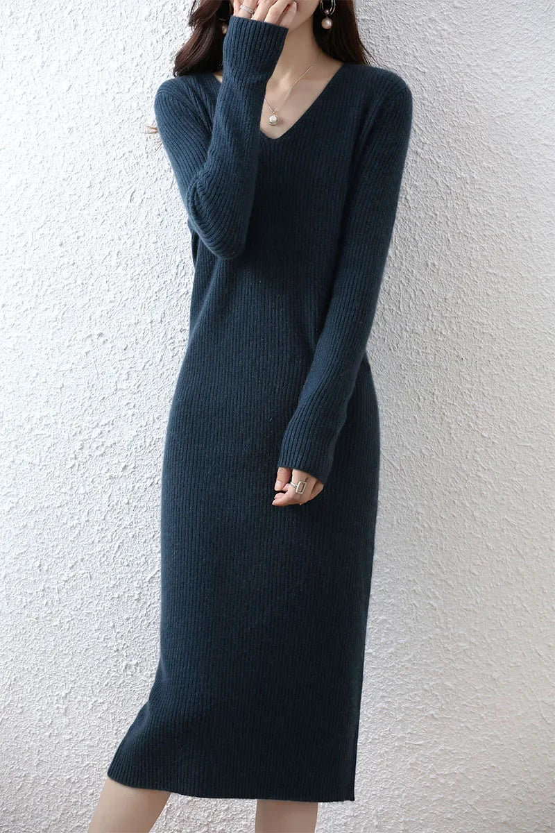 Elegant Long Sleeve Ribbed 100% Merino Wool Sweater Dress LUXLIFE BRANDS