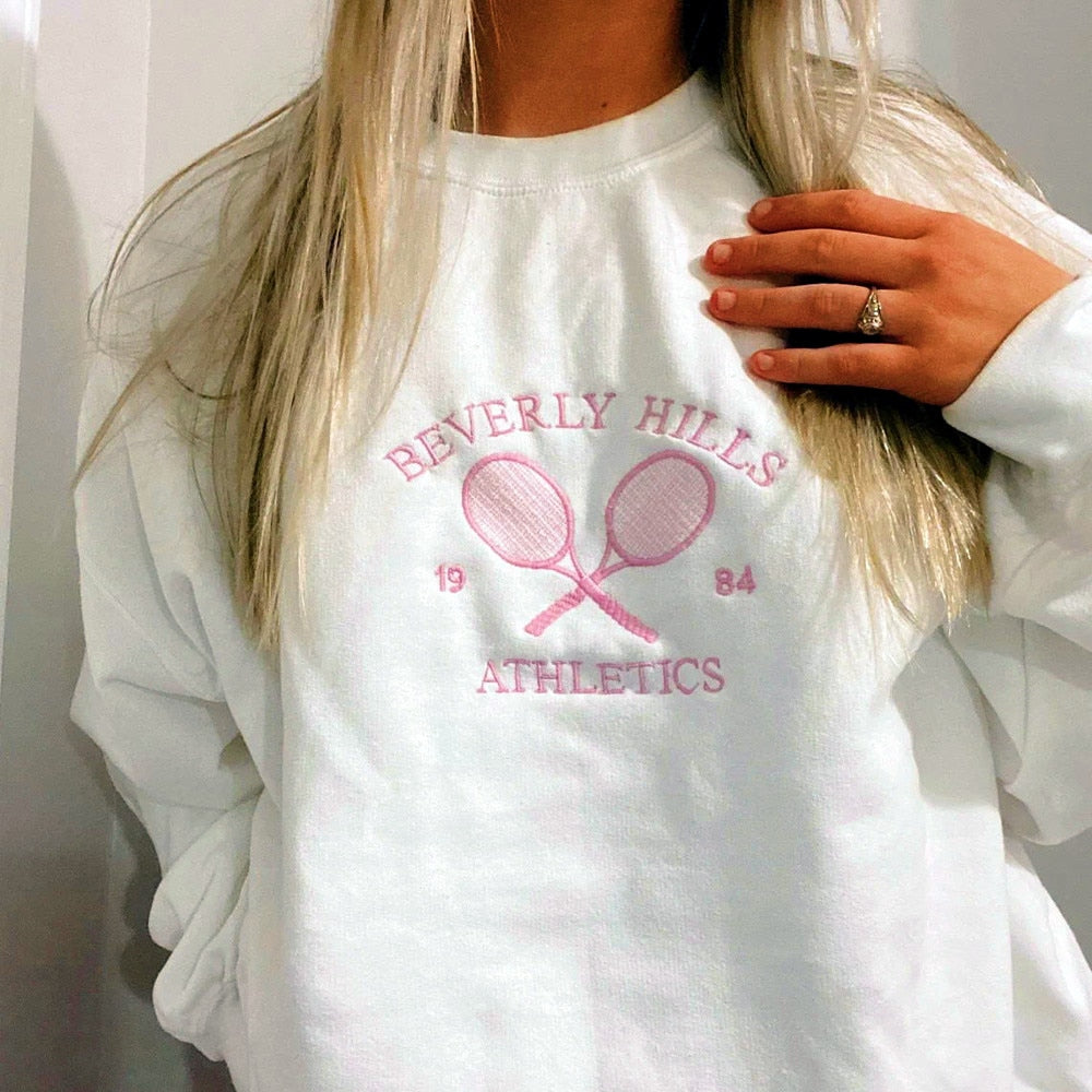 Tennis Athletics Letters Embroidered Sweatshirts Women White Loose Spring Pullover Long Sleeve Retro Thin Cotton Casual Jumpers