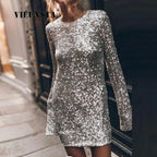 2023 Women Glitter Party Cocktail Party Dress Fashion Long Sleeve Backless Dress Temperament Elegant Sexy Sequined Evening Dress Luxlife Brands