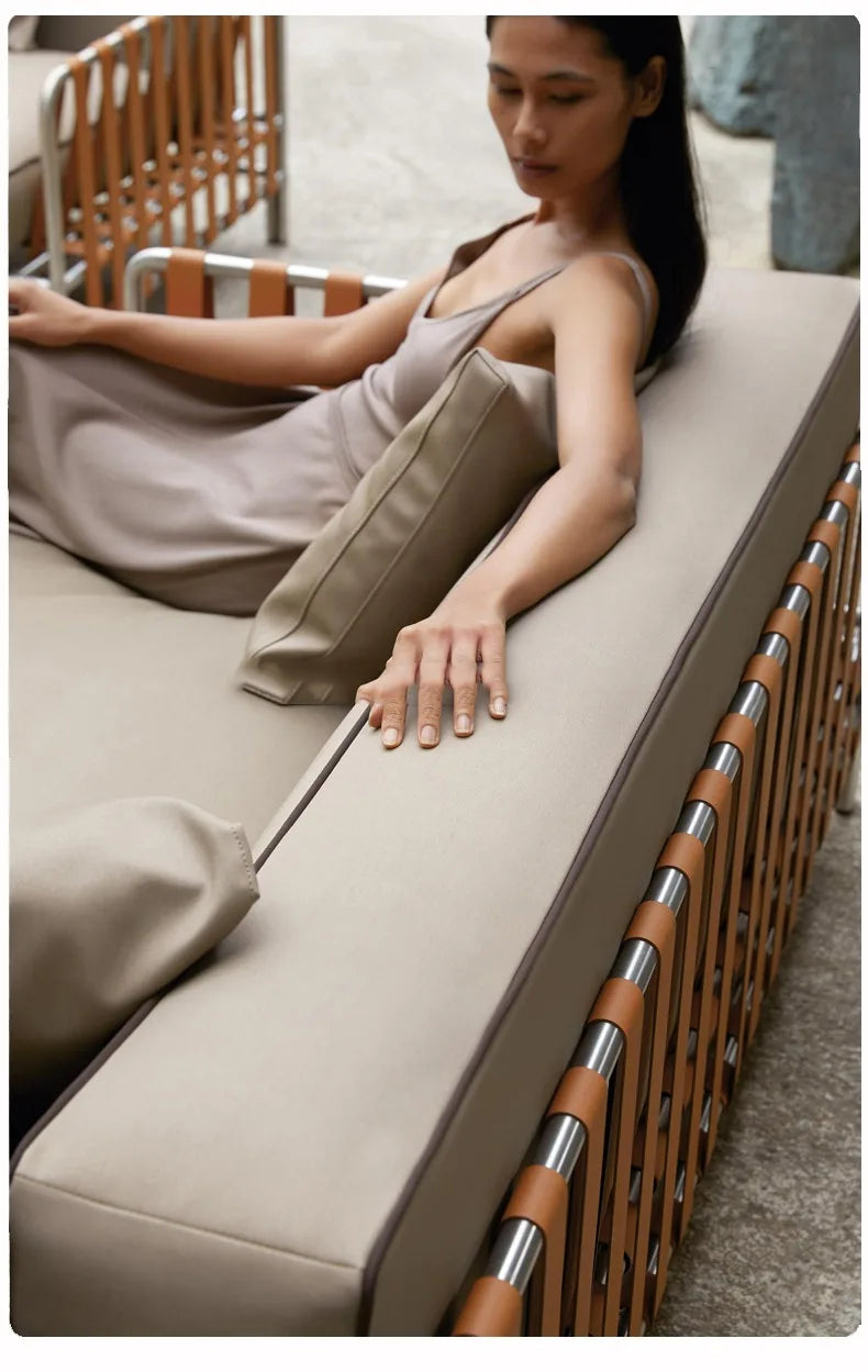 Outdoor stainless steel sofa rattan courtyard villa rain and sun coffee table combination