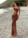 Women Y2k Knit Wrap Beach Maxi Dress Cut Out Beachwear Cover Up Sexy One Shoulder Crochet Bodycon Dress Party Club Outfit K25 Luxlife Brands