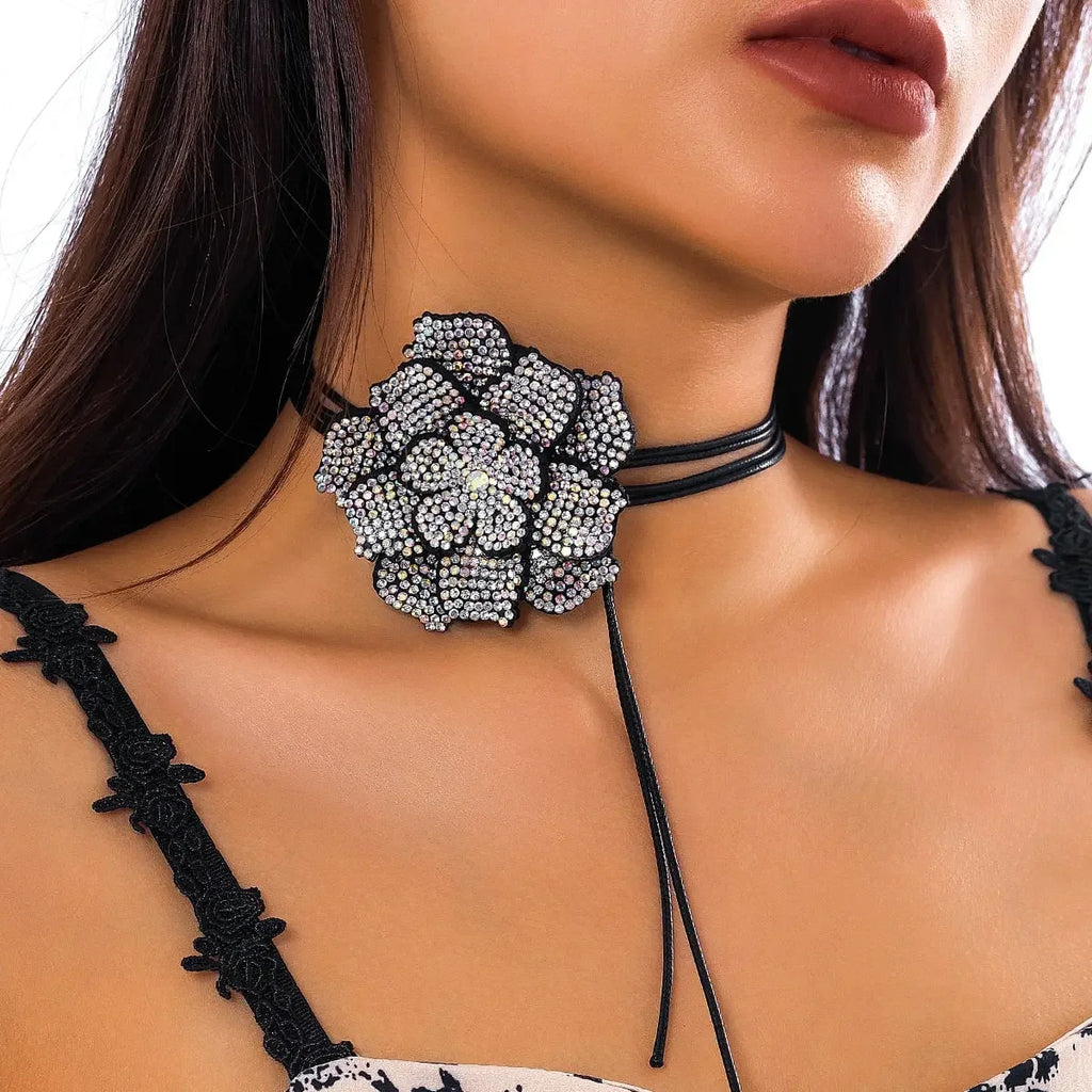 IngeSight.Z Luxury Full Rhinestone Big Rose Flower Choker Necklace Women Black Leather Wax Rope Clavicle Chain Adjustable Neck