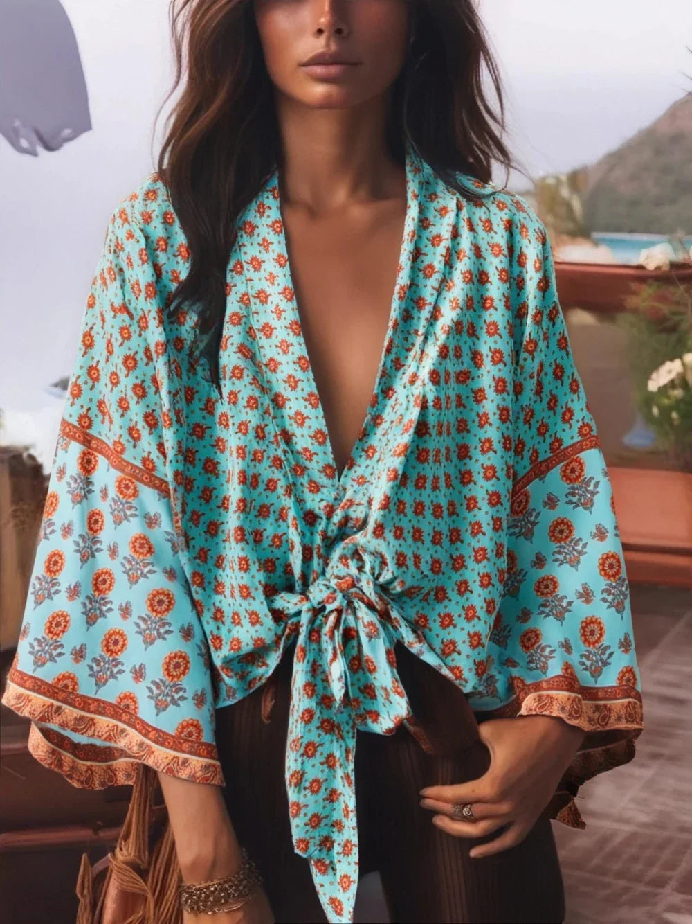 Vintage Green Floral Boho Kimono Short Beach Robe