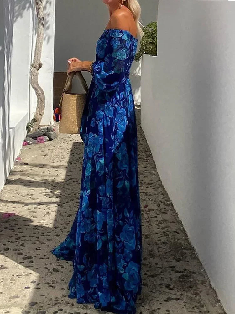 Print Patchwork Slash Neck Maxi Dress, Women Spring Summer Three Quarter Lantern Sleeve Party Dress, Simple Elegant Ladies Dress