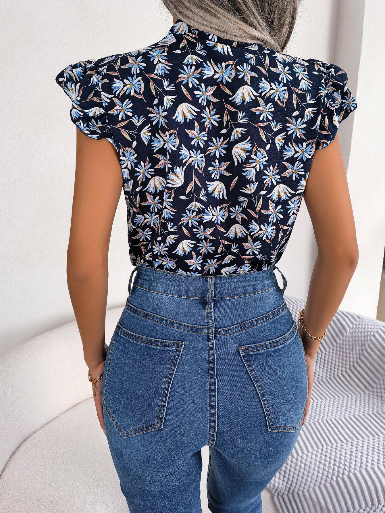 Women Casual Floral Print Bow Ruffles Chiffon Blouse Summer Top Luxlife Brands