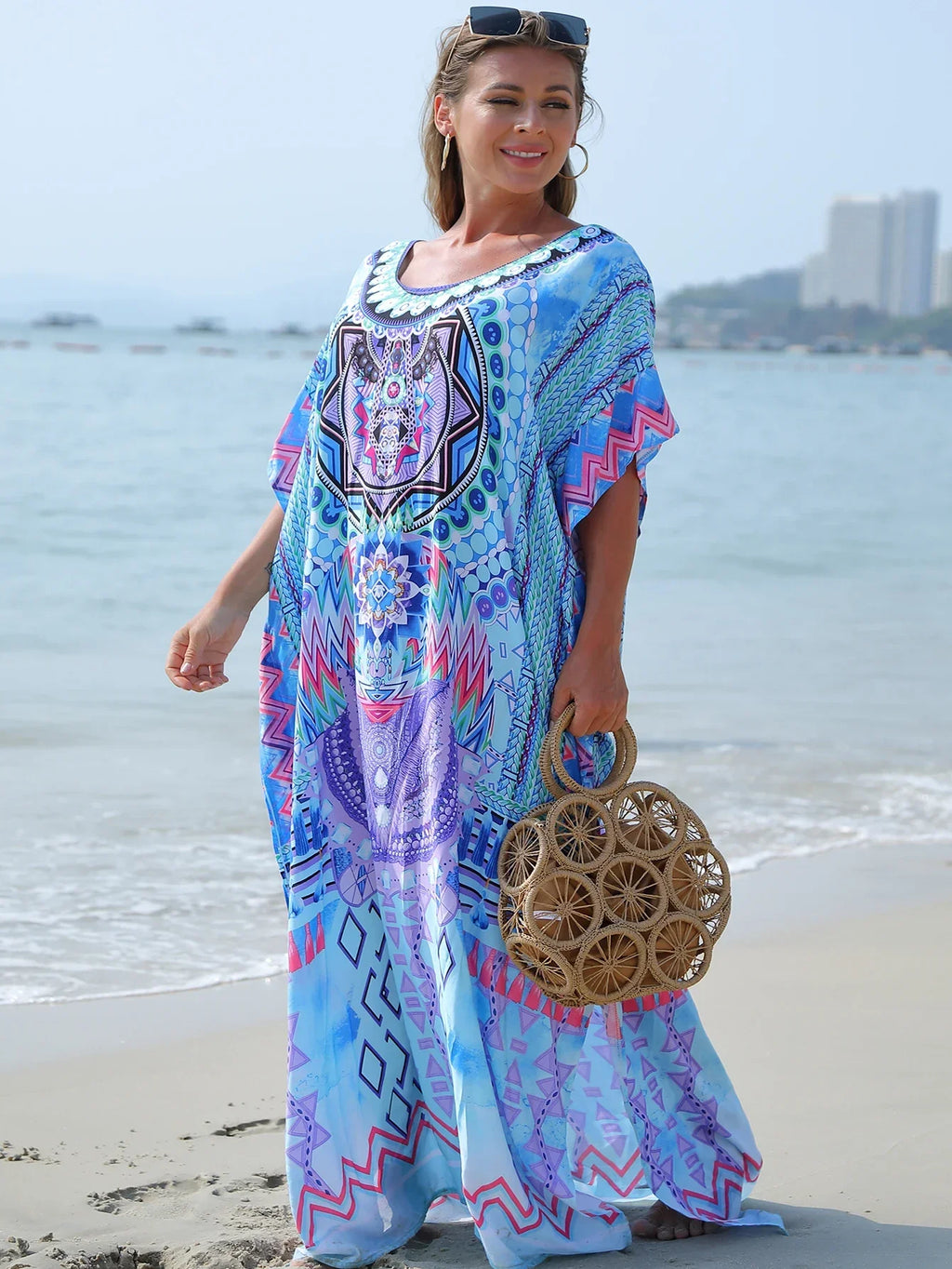 Plus Size Boho Cover Up, Women's Plus Geo Print Batwing Sleeve V Neck Split Kaftan Maxi Cover Up Dress LUXLIFE BRANDS