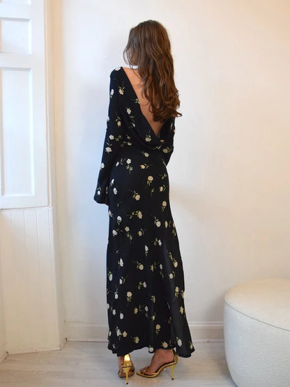 Chiffon Floral Print Long Sleeve Backless Maxi Dress