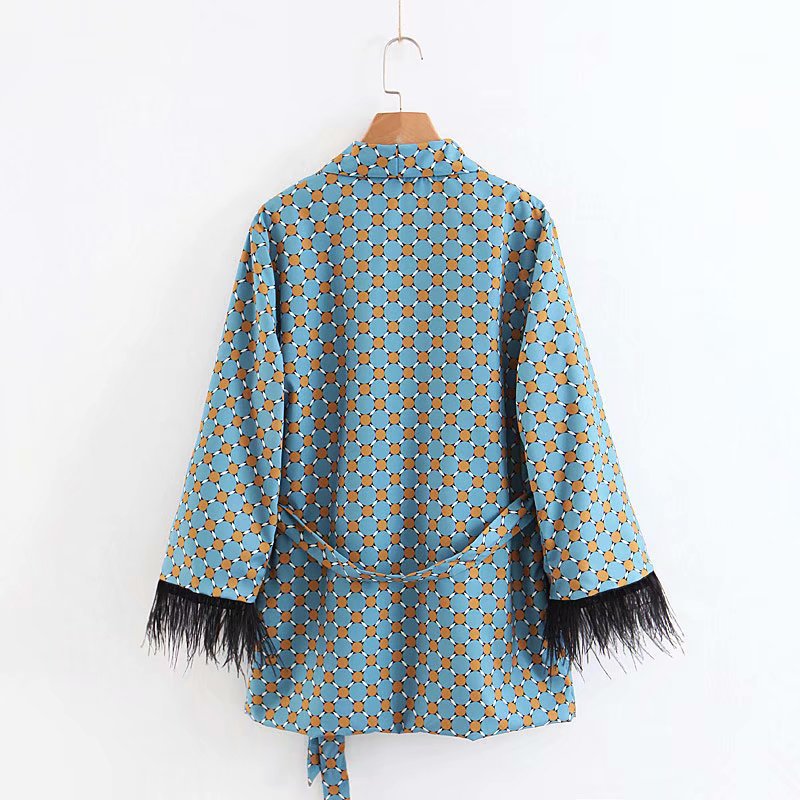 Women's Suits Sunc Spring LOOSE Blue Printed Kimono Jacket with Feather Sleeves Wide Leg Pants Two-piece Viintage Clothing Suits