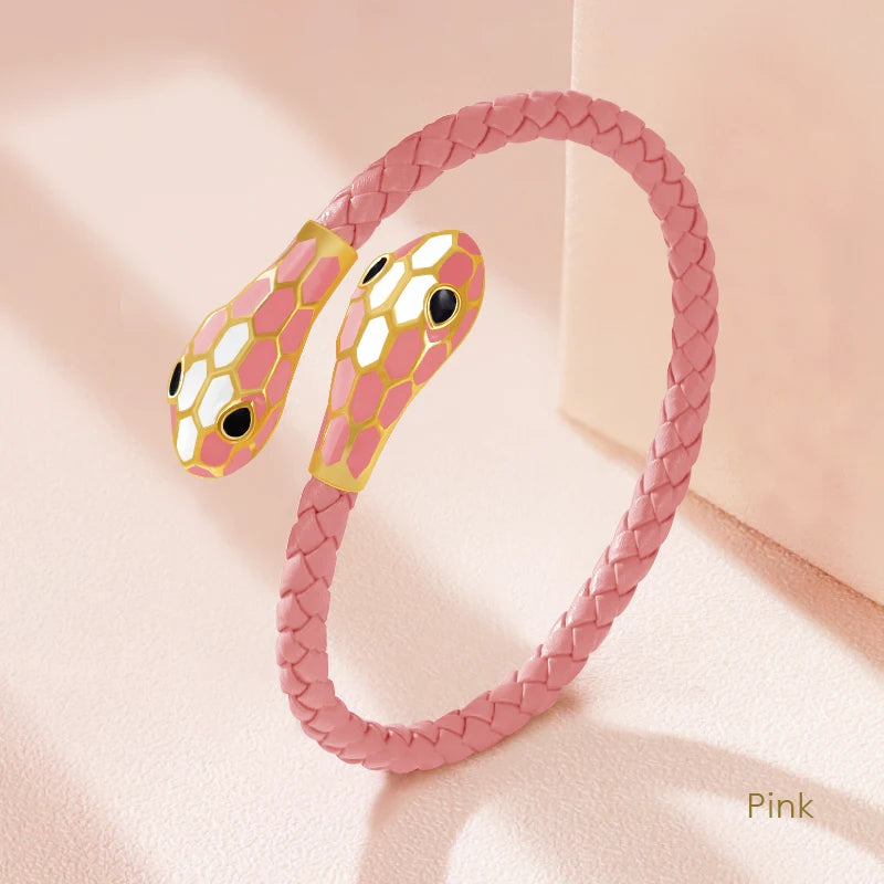Double Snake Head Cuff Bangles Braided Leather