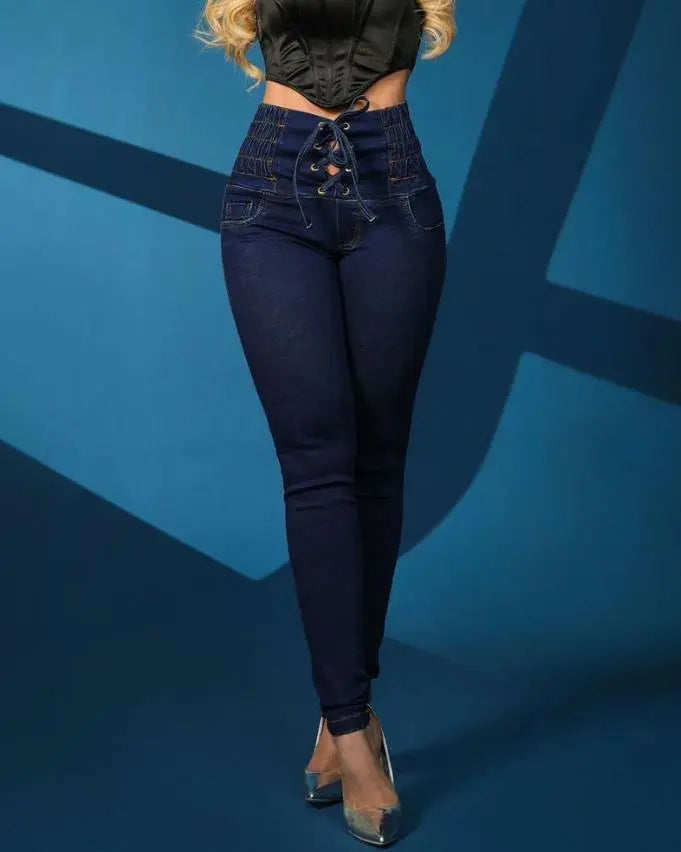 Casual High Waist Skinny Jeans for Women Grommet Eyelet Lace-Up Pocket Design Plain Fashion Women's Denim Trousers LUXLIFE BRANDS