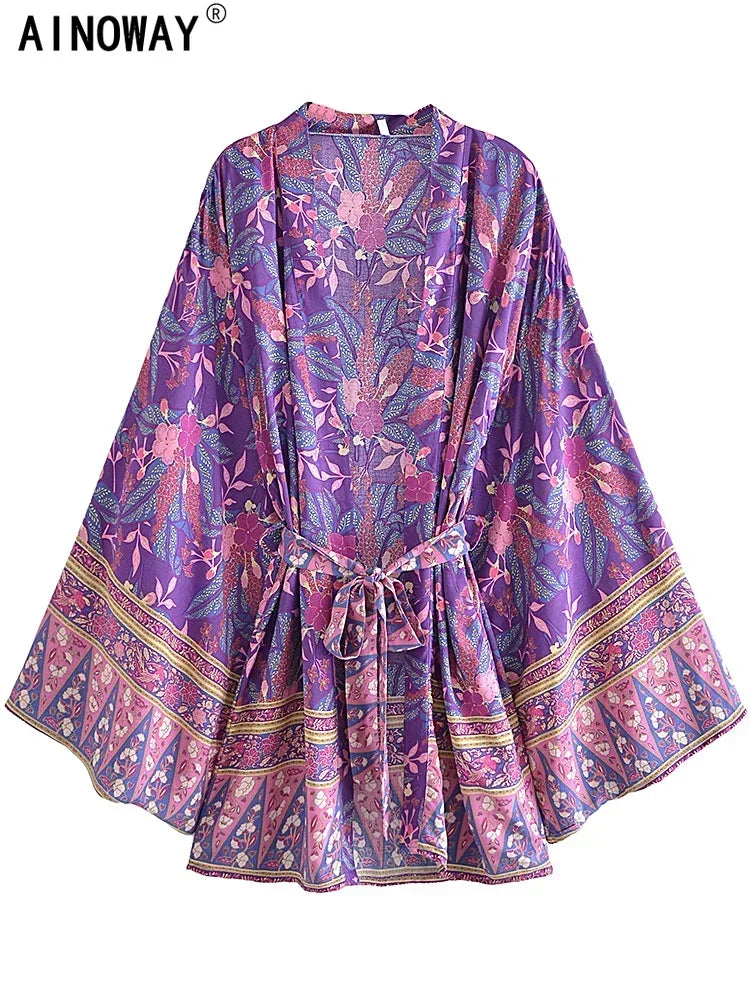 Purple Passion Floral Boho Short Kimono Dress