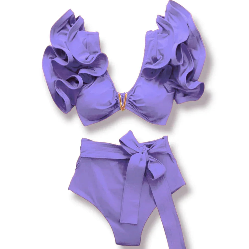 2024 Sexy Bikini Set Women High Waist Classic Off Solid Ruffle Sleeves Swimwear Red Separate Deep V Swimsuit Vintage Beach Set