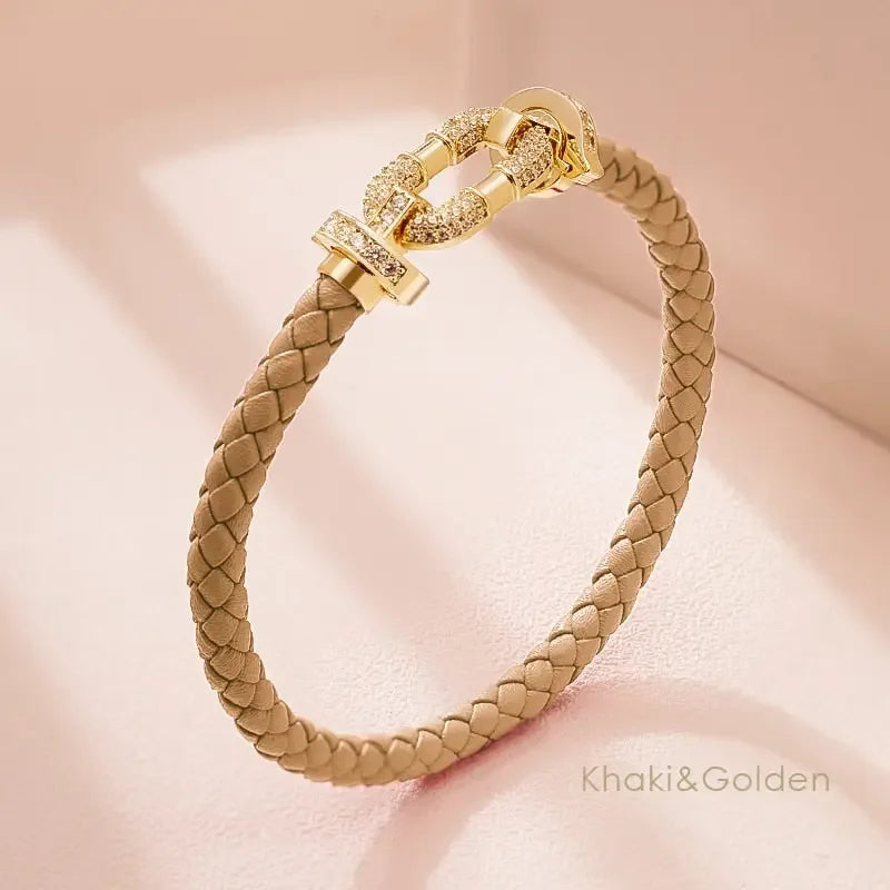 MOONLIGHT Women's Trendy Round Metal Brand Genuine Braided Leather Bracelet Cubic Zirconia Bracelet Female Jewelry Accessories