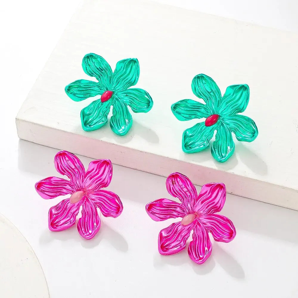 European and American Personality Exaggerated Alloy Flower Barbie Pink Earrings for Wome