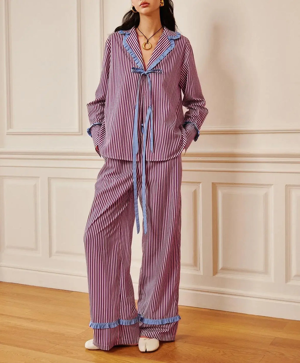 Hirigin Valentines Day Bow Tie Pajamas For Women Silk Satin Bow Striped Pjs Long Sleeve Shirt And Ruffle Lounge Pants Sets S M L