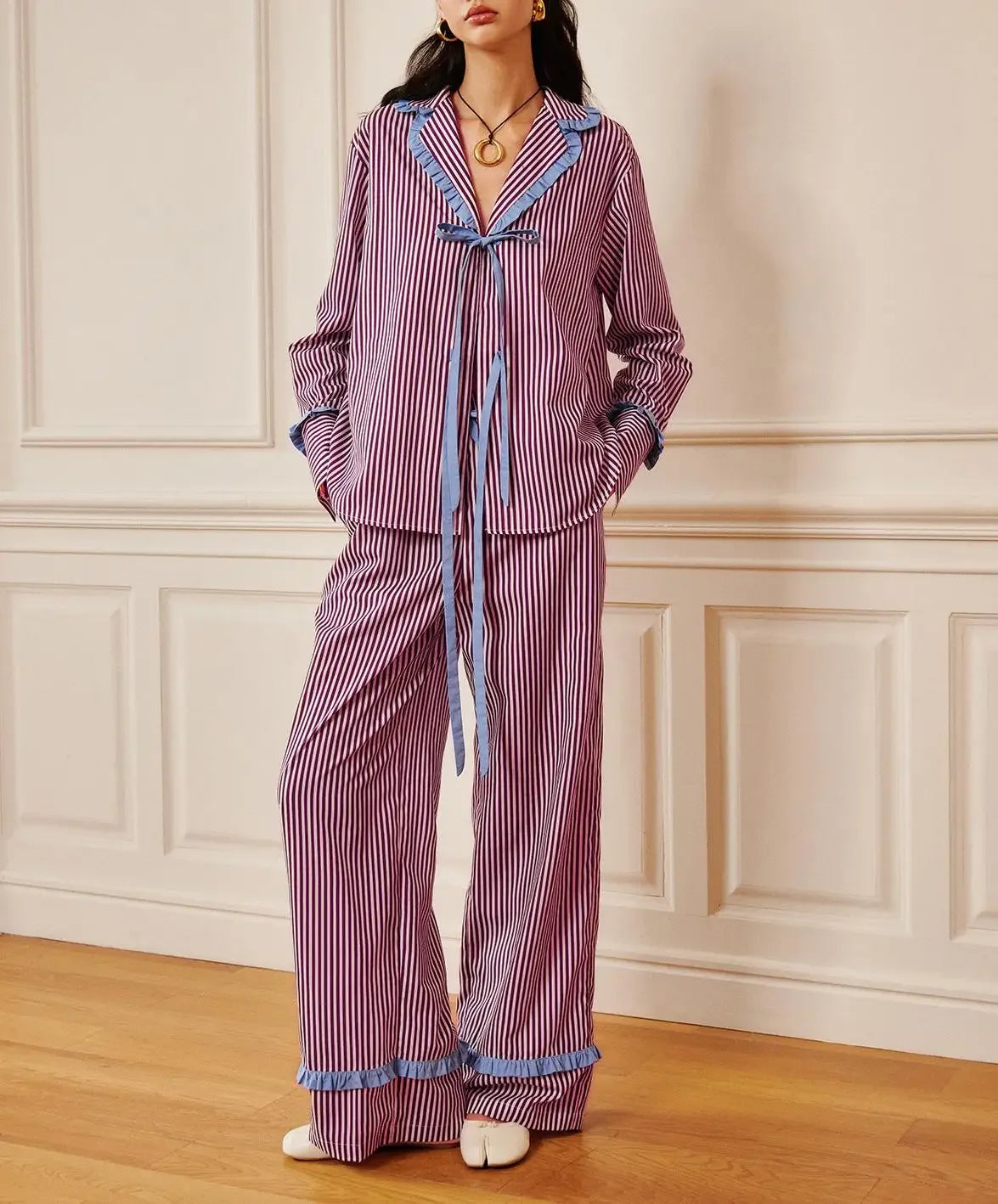 Hirigin Valentines Day Bow Tie Pajamas For Women Silk Satin Bow Striped Pjs Long Sleeve Shirt And Ruffle Lounge Pants Sets S M L