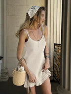 2025 Women Comfy Swimsuit Cover Up Seaside Holiday Club Dresses Sexy Crochet Halter V Neck Chic Ruffle Knit Beach Mini Dress K58 Luxlife Brands