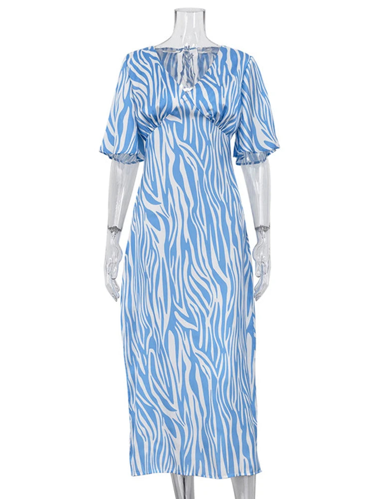 French Blue Summer Satin Midi Dress