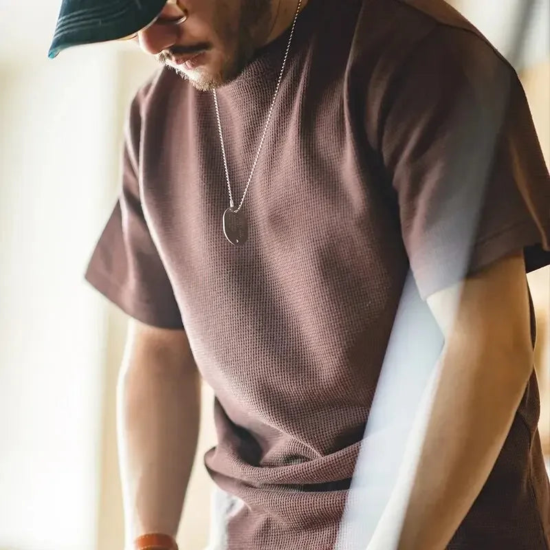 Maden Retro Round Neck Knit Waffle T-shirts for Men Loose Oversize Casual Short Sleeve Tee 2023 Summer Basic Solid Workwear Tops - LUXLIFE BRANDS