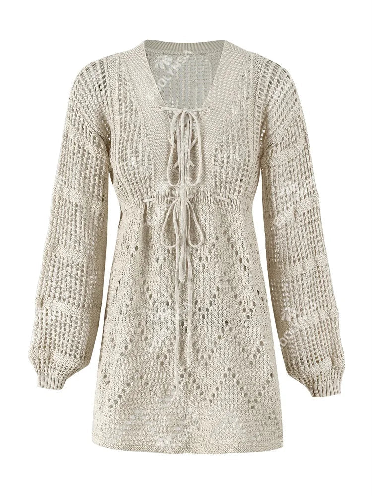 Sexy Deep V-neck Lace-up Bell Sleeve Knit Mesh Hollow Out Beach Mini Dress 2025 Summer Swimsuit Cover Up Women Casual Tunic K14