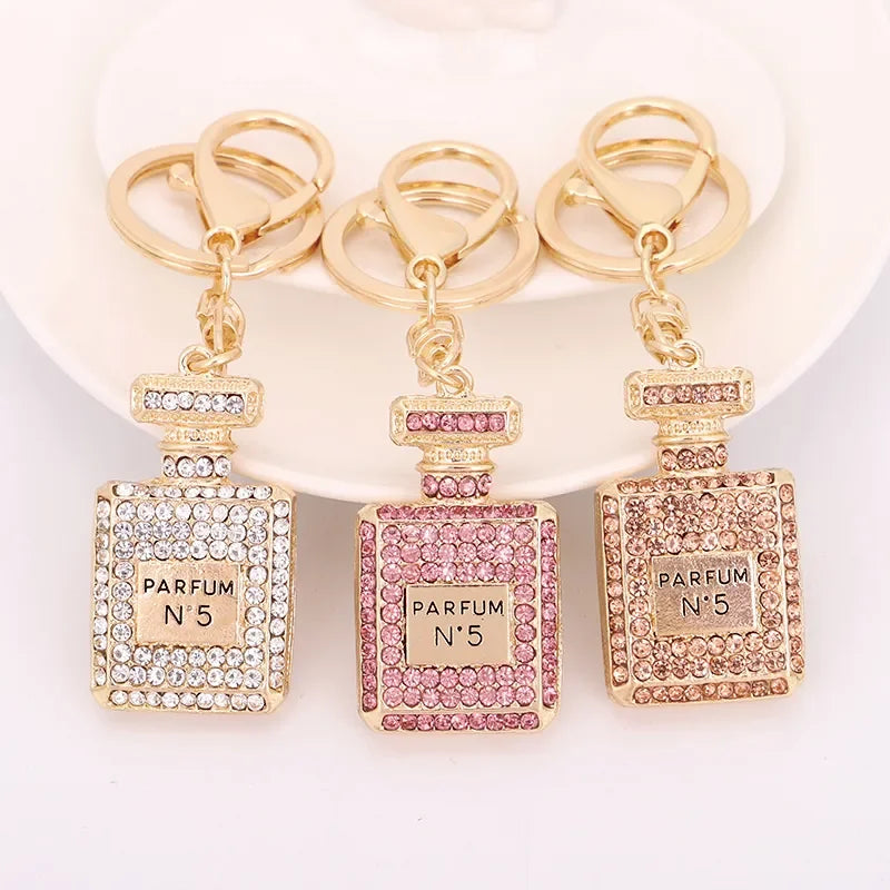 Crystal Keychain With Shiny Rhinestone Keyrings Perfume Bottle Shape Pendant For Lady Girls Bag Wallet Hanging Ornament Gifts LUXLIFE BRANDS
