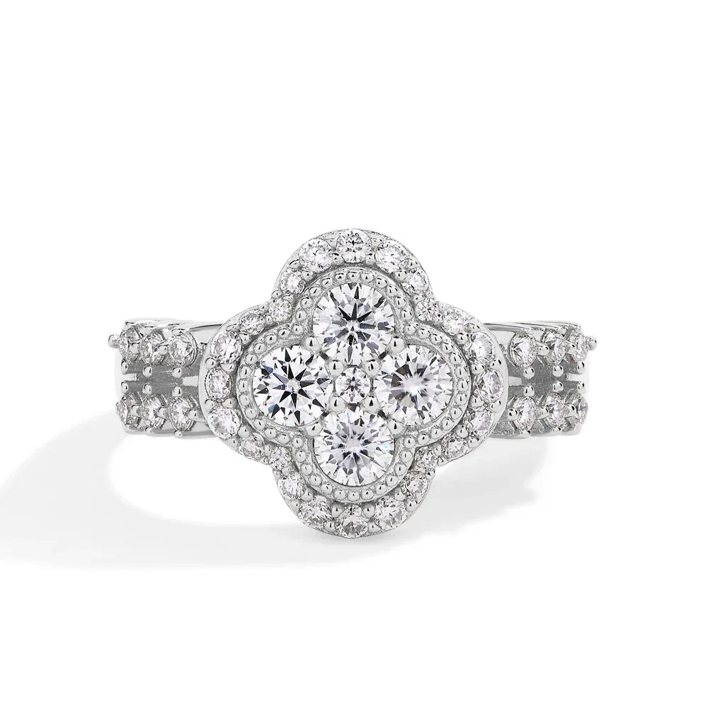 Four Leaf Moissanite 18k White Gold Plated Diamond Ring
