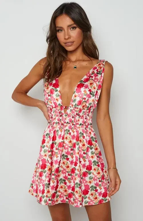 New Backless Sexy Women Mini Dress Sleeveless V Neck Backless Flower Print Summer Club Party Dress Sundress Streetwear S M L