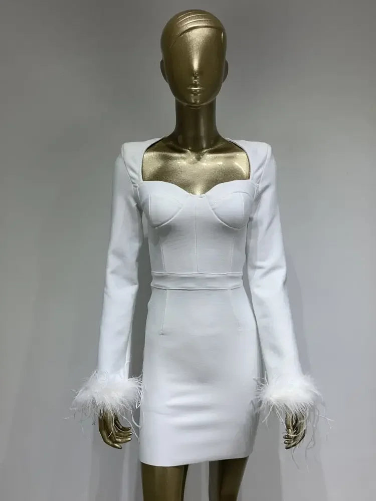 Women Winter Sexy Long Sleeve Feathers Hot Pink Black Mini Bodycon Bandage Dress 2022 Elegant Evening Party Dress