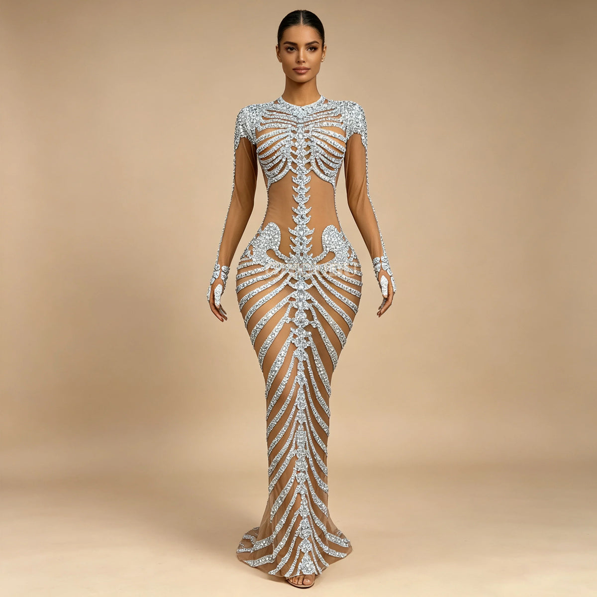 Fashion Skeleton Pattern Designed Shining Rhinestones Mesh Dress Women Halloween Party Celebrate Show Stage Outfit