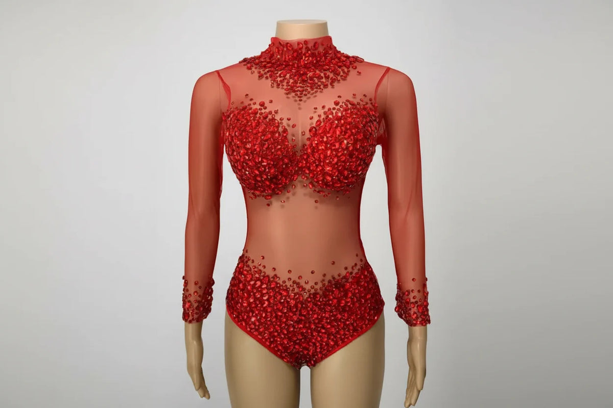 Rhinestone Encrusted Mesh Performance Bodysuit