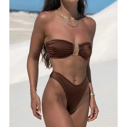 2024 New Summer Solid Push Up Woman Swimsuit Beach Sexy Bikini Set Solid Swimming Suit for Women Swimwear Bandeau Bathing Suit