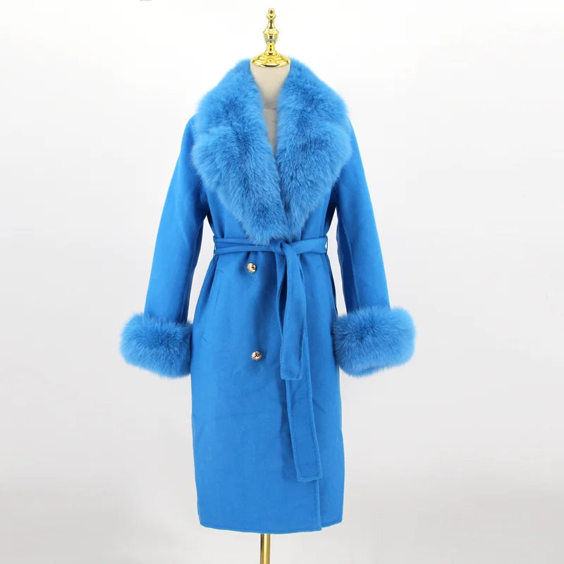 2023 New Arriva High Quality Cashmere Women Jacket With Bigger Real Fox Fur Collar And Cuffs