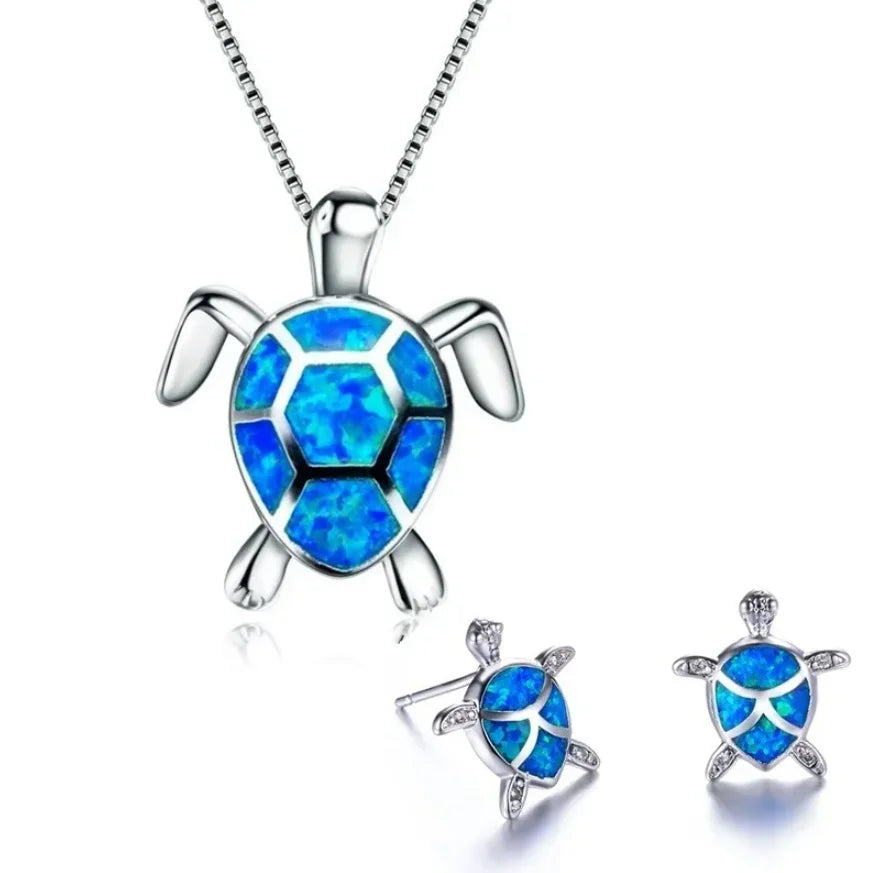Classic Cute Sea Turtle Necklace Earrings Trendy Animal Fire Opal Stud Earring For Women Boho Summer Beach Set  Custom Jewelry