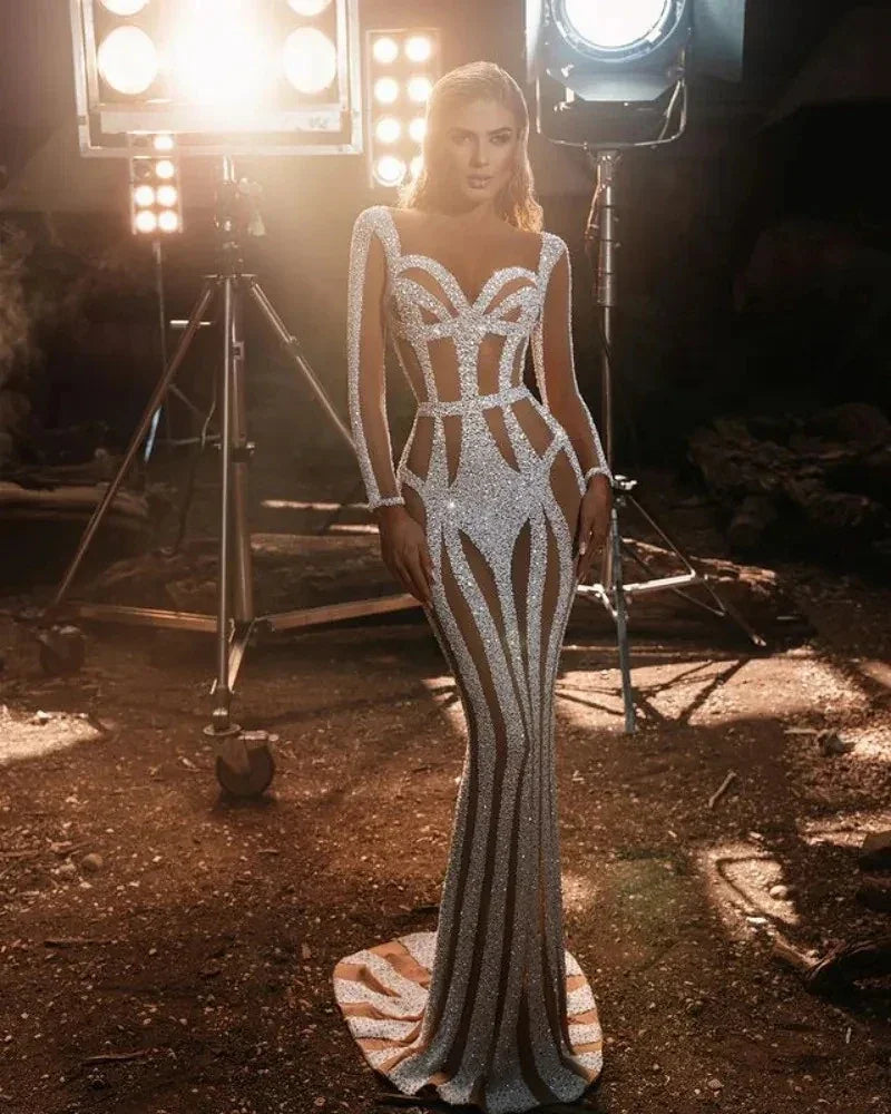 Mermaid Long Sleeved Sequin Cocktail Party Prom Dress LUXLIFE BRANDS