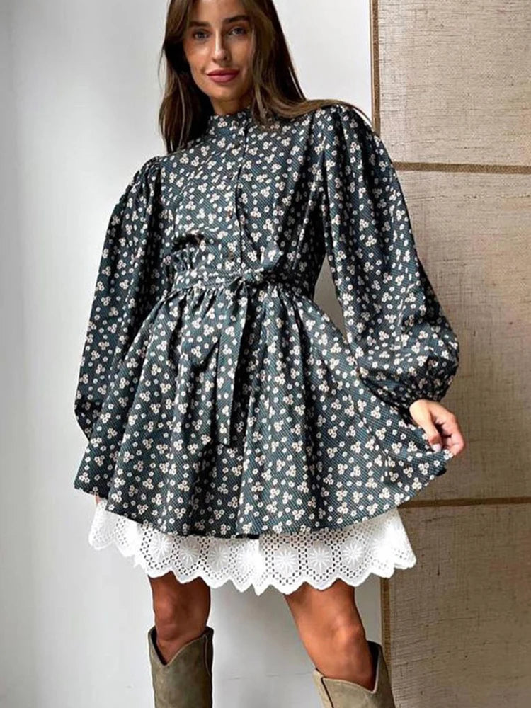 Aynaray 2023 Autumn Winter Women Floral Printed Mini Dress Prairie Chic France Long Sleeve Flare Dress Female