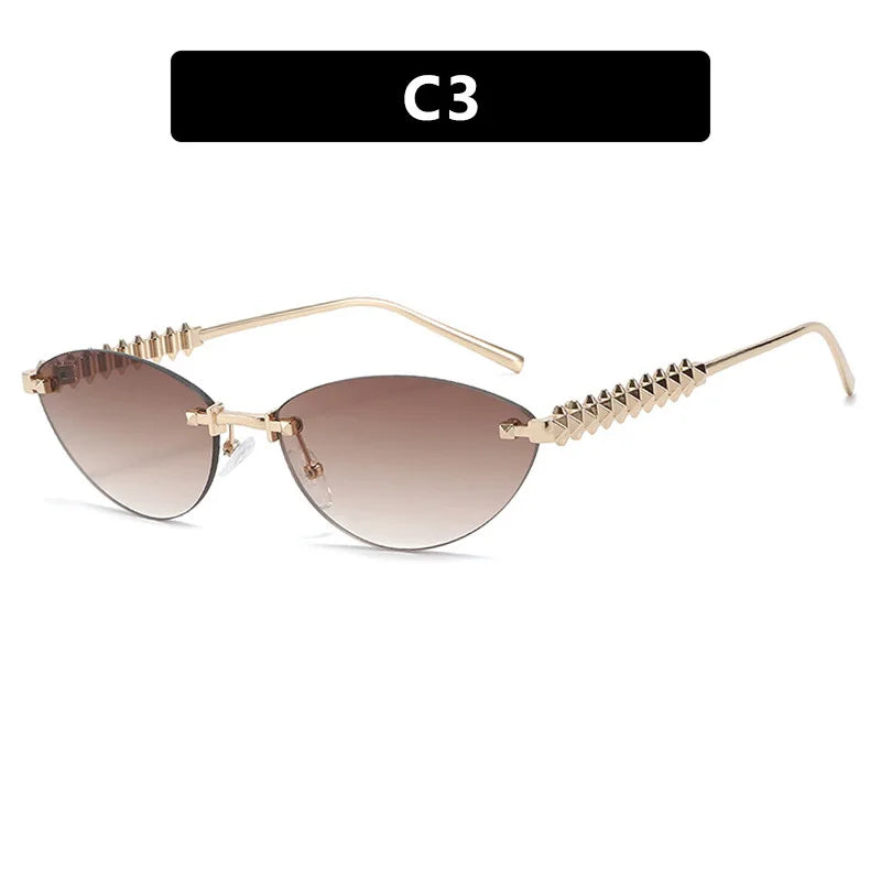 New Cat Eye Rivet Rimless Sunglasses Women Luxury Fashion Brand Oval Narrow Sun Glasses Shades Trendy Elegant Unique Eyewear