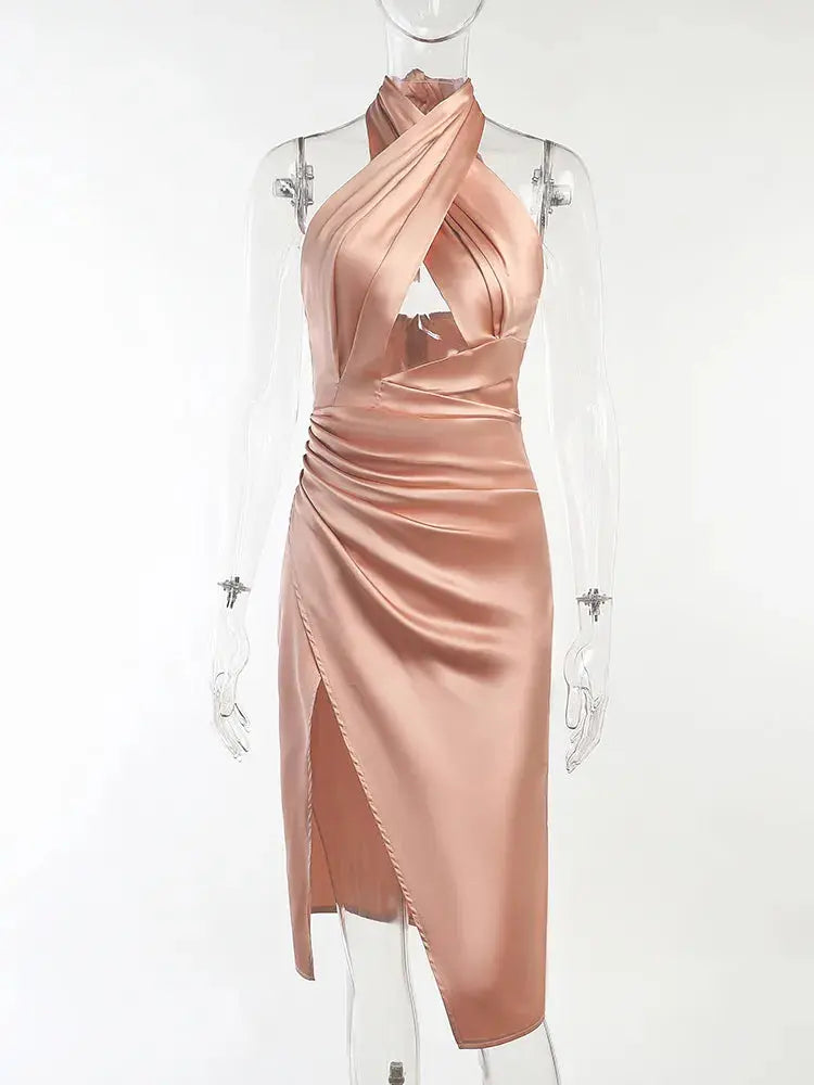 Emily Satin Midi Slit Party Dress - LUXLIFE BRANDS