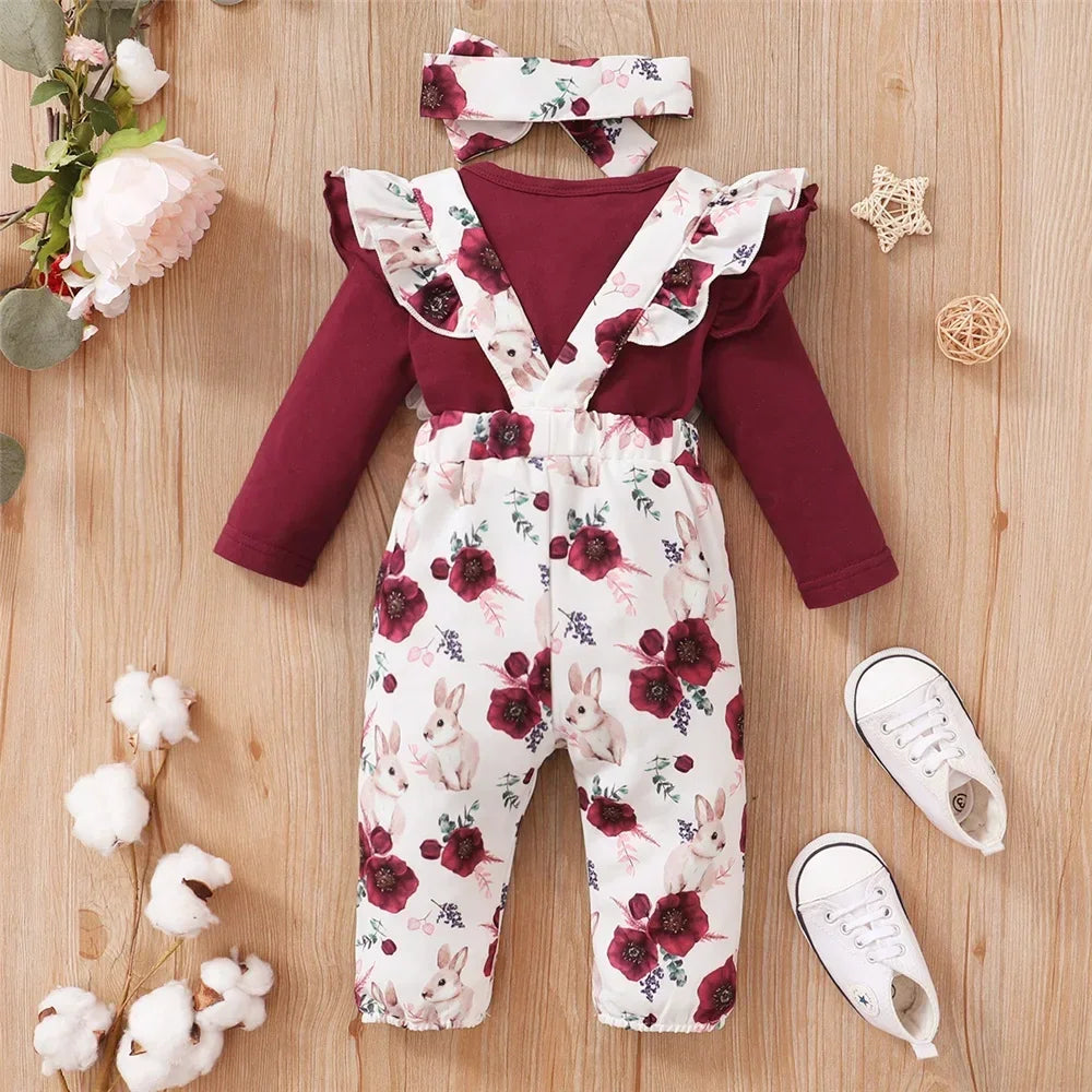 LUXBABY Gilfs 0-18 Months Red Long Sleeve Bodysuit + Flower Strap Pants 2PCS