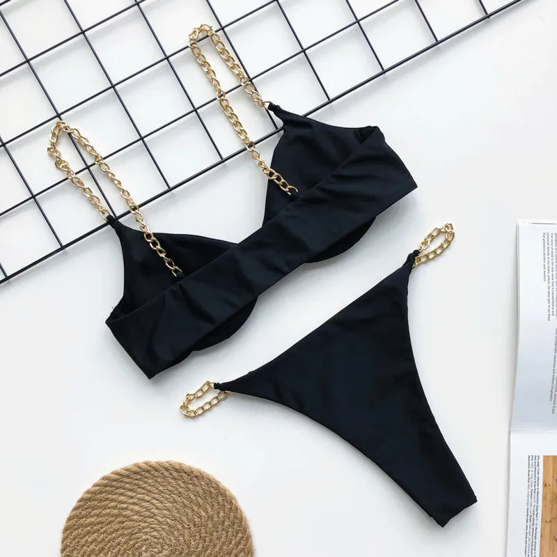 Sexy Metal Chains String High Cut One Piece Swimsuit Women Swimwear Female Monokini Tummy Cut Out Bathing Suit Swim Beach Wear
