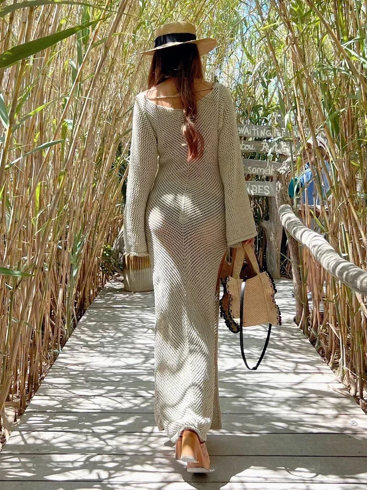 Solid Colour Beach Maxi Dress 2025 Women Summer Sexy Knit Flared Long Sleeve Slit Cut Out Swimsuit Cover Up Holiday Outfits K120 Luxlife Brands