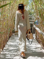 Solid Colour Beach Maxi Dress 2025 Women Summer Sexy Knit Flared Long Sleeve Slit Cut Out Swimsuit Cover Up Holiday Outfits K120 Luxlife Brands